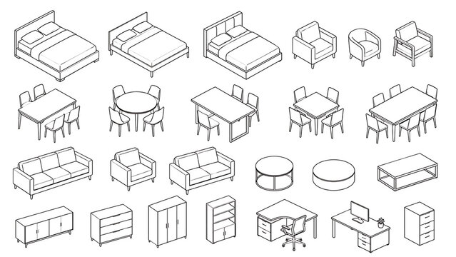 Isometric furniture line icons set, modern interior design elements for floor plans, architectural home and office furnishing collection isolated on White Background ai