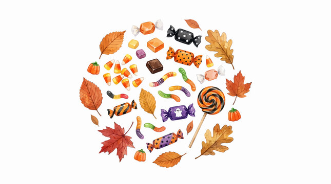 Halloween candy and autumn leaves arranged in a circle