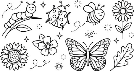 Hand drawn garden insects outline icons set with butterfly bee caterpillar ladybug sunflower daisy flowers and leaf © MstLaky