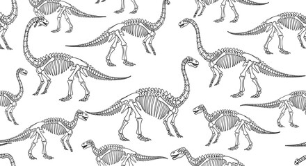 Fototapeta premium Detailed black and white pattern featuring various dinosaur fossils and skeletons repeated across a white background.