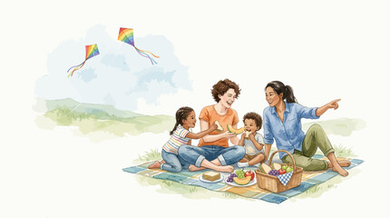 Obraz premium Family enjoying a rainbow kite flying picnic in a grassy field