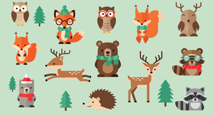 Naklejka premium Adorable collection of flat forest animals including foxes, bears, and raccoons wearing colorful winter scarves and hats.