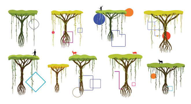Surreal landscape with floating islands of grass and trees with long roots and hanging vines against abstract shapes.