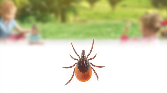 Close-up macro shot of a brown deer tick on a white surface with a blurred background of a park and children playing