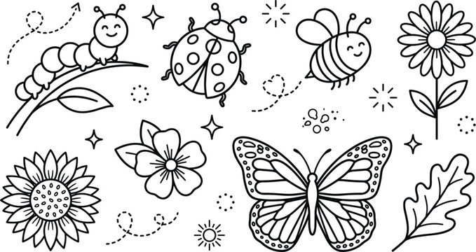 Hand drawn garden insects outline icons set with butterfly bee caterpillar ladybug sunflower daisy flowers and leaf