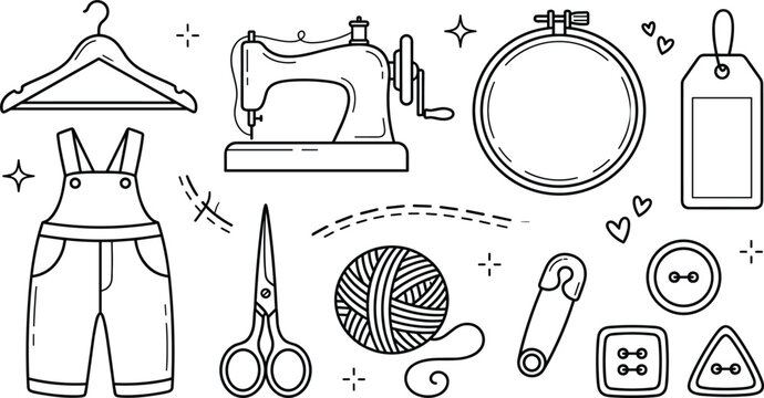Hand drawn sewing tailor outline icons set with machine scissors hanger overalls yarn buttons and hoop