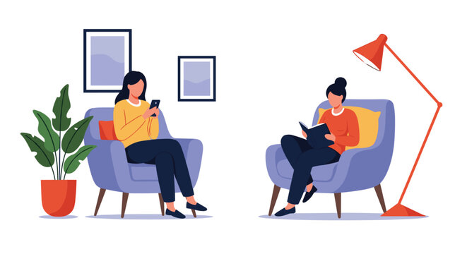 Cozy interior scene with two women relaxing in blue armchairs while one reads a book and the other uses her smartphone.