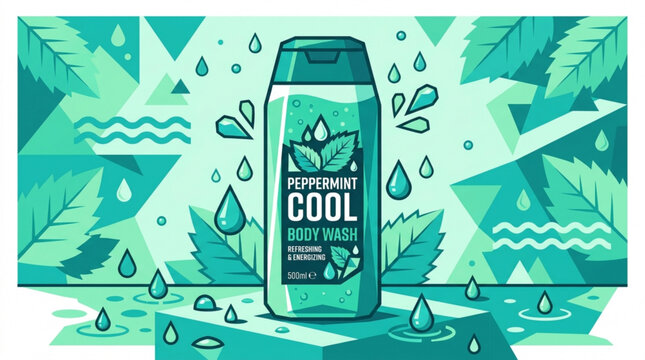 Peppermint cool body wash bottle vector illustration featuring refreshing mint leaves and water droplets in a modern geometric teal color palette style