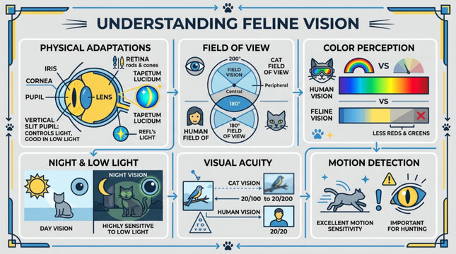 Educational feline vision infographic showing biological adaptations of cat eyes including night sight field of view color perception