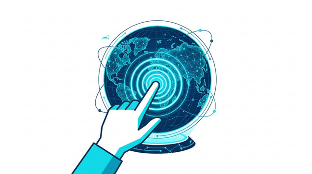 Digital human hand touching interactive globe hologram representing global connectivity and advanced network communication technology concept illustration