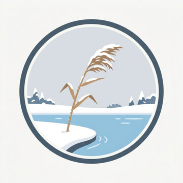 Minimalist winter landscape icon featuring a snowy reed along a frozen riverbank in a circular frame for seasonal design