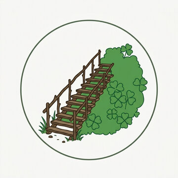 Whimsical hand drawn illustration of a miniature wooden staircase nestled beside a lush green clover bush inside a clean circular frame for nature design
