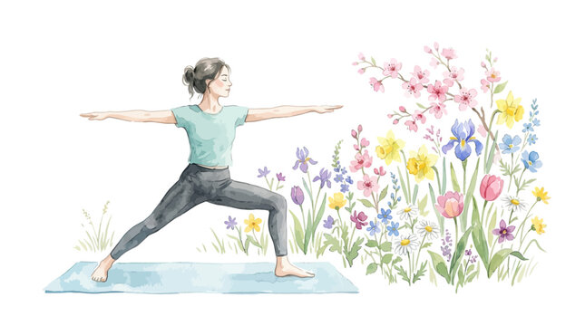 Woman practicing yoga warrior pose in a field of blooming spring flowers watercolor illustration