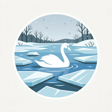 Elegant white swan swimming in a frozen river surrounded by ice floes during a snowy winter season in a circular flat vector illustration design composition