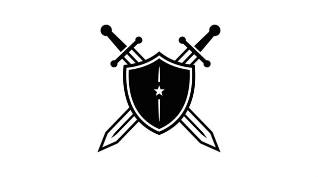 Crossed swords and shield heraldic emblem icon featuring a central star symbol for gaming or medieval fantasy branding design set on a clean white background