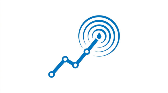 Blue financial growth chart with water drop ripple effect icon representing market success and data analytics progress isolated on a white background