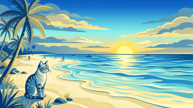 A tabby cat sits calmly on a tropical sandy beach watching the serene sunset over the ocean in this stylized vector illustration of a peaceful coastal scene