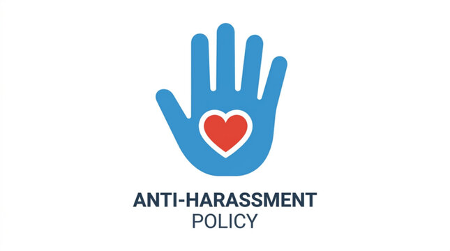 Anti harassment policy icon featuring a blue stop hand symbol with a red heart shape centered on a plain white background for corporate compliance training
