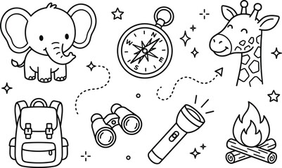 Hand drawn kids safari adventure outline icons set with elephant giraffe compass backpack binoculars flashlight and bonfire © MstLaky