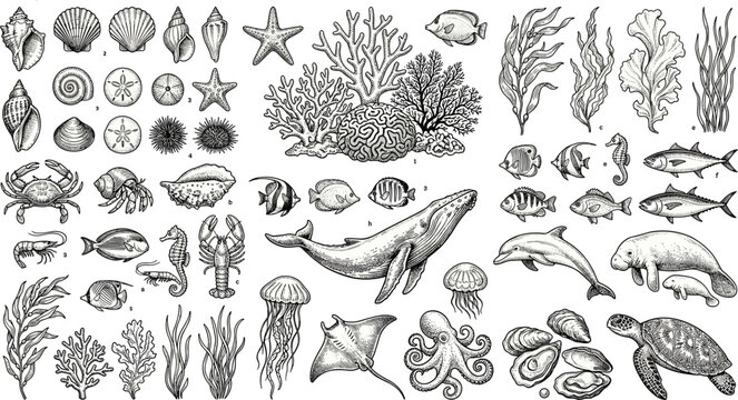 Vector set of sea life and marine animals in vintage engraving style hand drawn sketch illustrations of underwater creatures and ocean elements isolated on white background