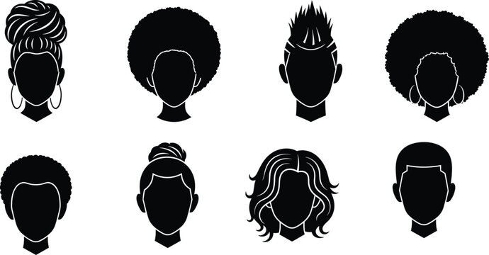 Set of diverse hairstyle silhouettes for men and women including afro bun short and long hair isolated collection