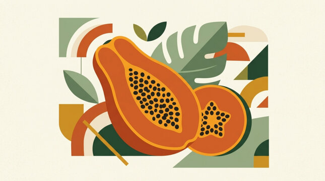 Abstract papaya fruit illustration with tropical leaves and geometric shapes in a modern flat design style for vibrant food