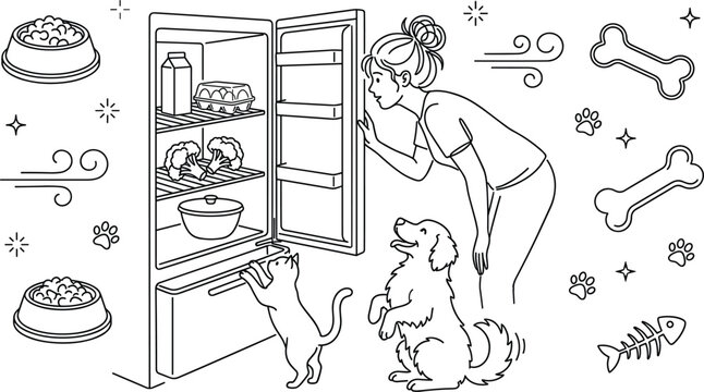 Hand drawn pet care outline icons set with woman refrigerator open kitchen dog cat food and bones