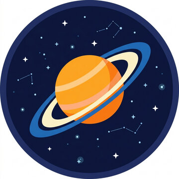 Stylized saturn planet icon with rings and constellations in a circular space background design for astronomy and science education graphic projects