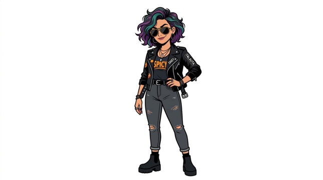 Stylish young woman in leather jacket and sunglasses standing confidently isolated on white background in a vibrant modern cartoon illustration style art