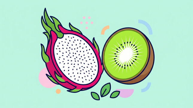 Vibrant vector illustration of sliced dragon fruit and fresh kiwi fruit featuring minimalist design elements on a soft pastel mint green background