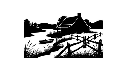 Obraz premium Black and White Cabin by the River Landscape Silhouette Illustration