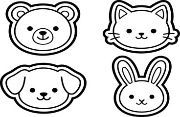 Fototapeta premium Cute Cartoon Kawaii Animal Face Line Art Vector Set with Bear Cat Dog and Bunny for Kids Coloring Pages and Sticker Designs