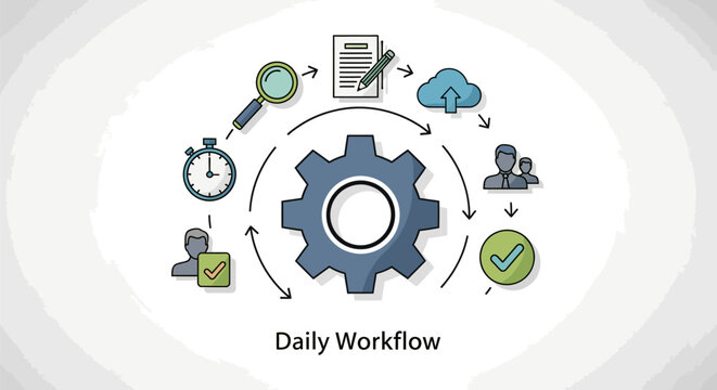 A daily workflow process diagram shows gear with various icons