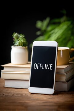 The word "OFFLINE" is written on A dark screen Smartphone,dropped on a pable , 