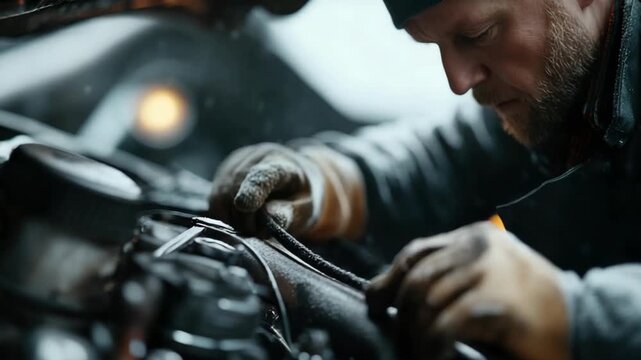 A man is fixing an engine in a rural garage. Snow is falling around him as he focuses on his task. He uses tools carefully and checks parts. The setting shows a winter day