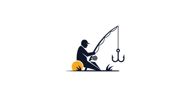 Creative silhouette illustration of a fisherman with a rod catching an oversized hook in a symbolic and artistic conceptual scene.