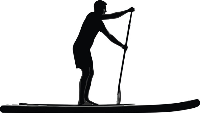 Stand up paddleboard silhouette vector icon featuring a man paddling on water for summer outdoor water sports design