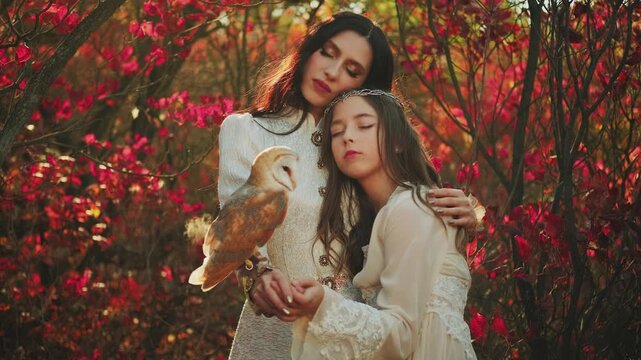Two fantasy women walking in forest, young mother and adult daughter. Vintage dress. Owl barn owl white bird sits on hand Wisdom sign symbol. Woman queen and little girl princess. Autumn nature trees.