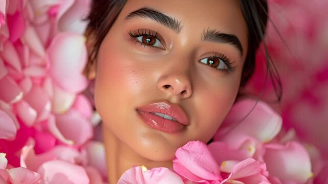 Close-up of a beautiful young woman with flawless skin, eyes gently opening and closing amidst a lush bed of pink rose petals, embodying natural beauty and serenity.