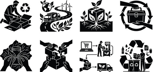 Obraz premium Sustainable Urban Mobility and Smart Transportation Icons Set Featuring Public Transit Electric Vehicles and Cycling Infrastructure.eps,