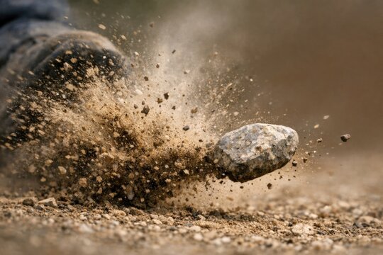 A person kicking a rock on the ground, with a expression of frustration or anger