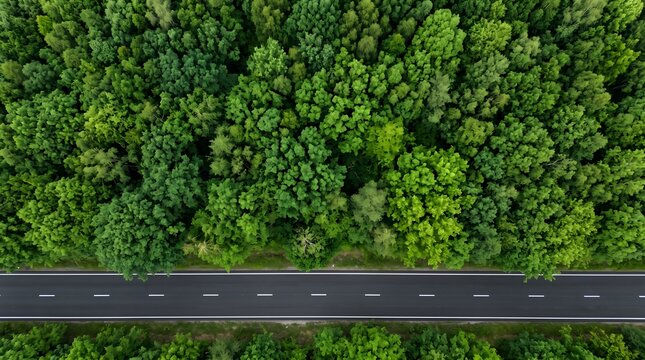 Forest highway background designed for commercial use viewed from top down aerial perspective showing straight road cutting through dense green canopy with copy space and bright light.