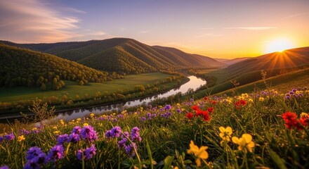 Fototapeta premium Scenic Sunset Over Winding River and Wildflower Meadow