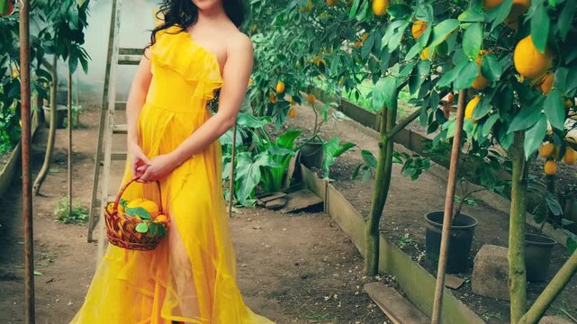 sexy fantasy woman goddess fashion model posing, Summer trees green garden. Long flowing hair. Evening long ball gown elegant festive dress. Girl holding wicker basket in hands, yellow lemon fruit