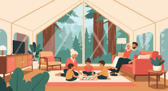 Family enjoying glamping experience inside a luxurious tent.