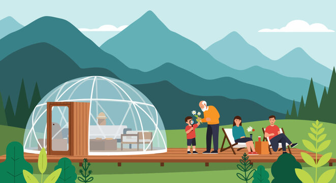 Family enjoying glamping in a geodesic dome with mountain views.