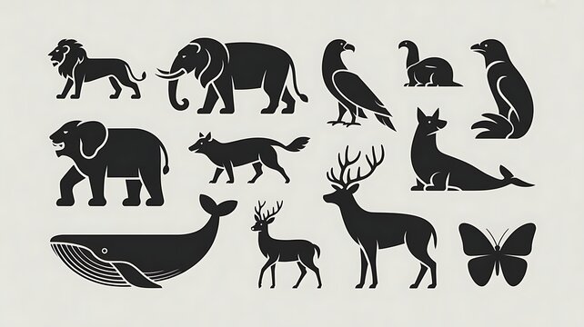 Collection of sixteen black safari animal silhouettes including big five and savanna species