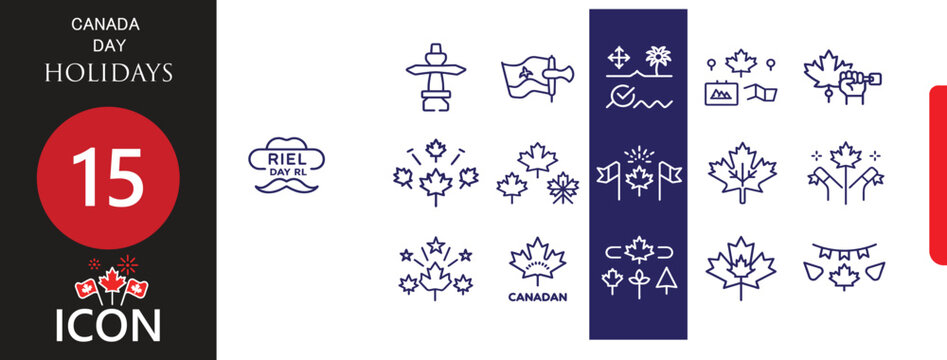Canada Day Flat Icon Collection with Maple Leaf Flag Fireworks and Beaver