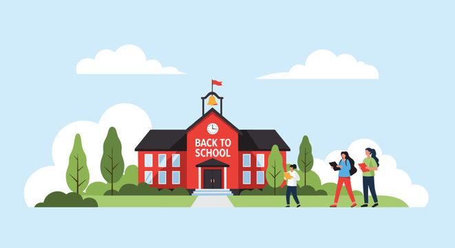 Students walk towards a red school building with a clock and a bell tower on a sunny day with green trees and white clouds.
