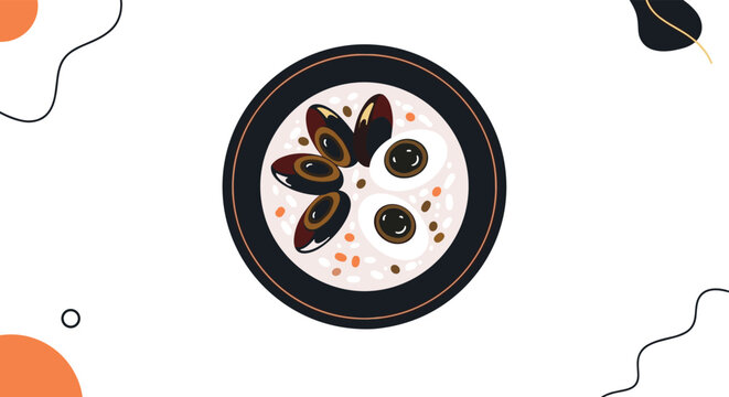 Top view of a savory bowl of congee or rice porridge topped with traditional century eggs and various flavorful green garnish.